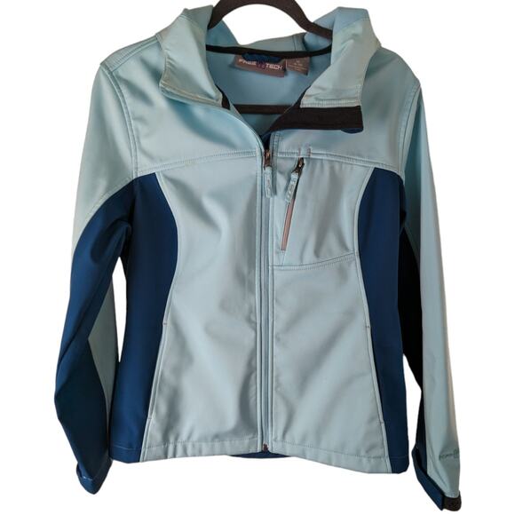 Free Tech Women's Hooded Softshell Jacket Medium Blue Zippered Pockets - Picture 1 of 14